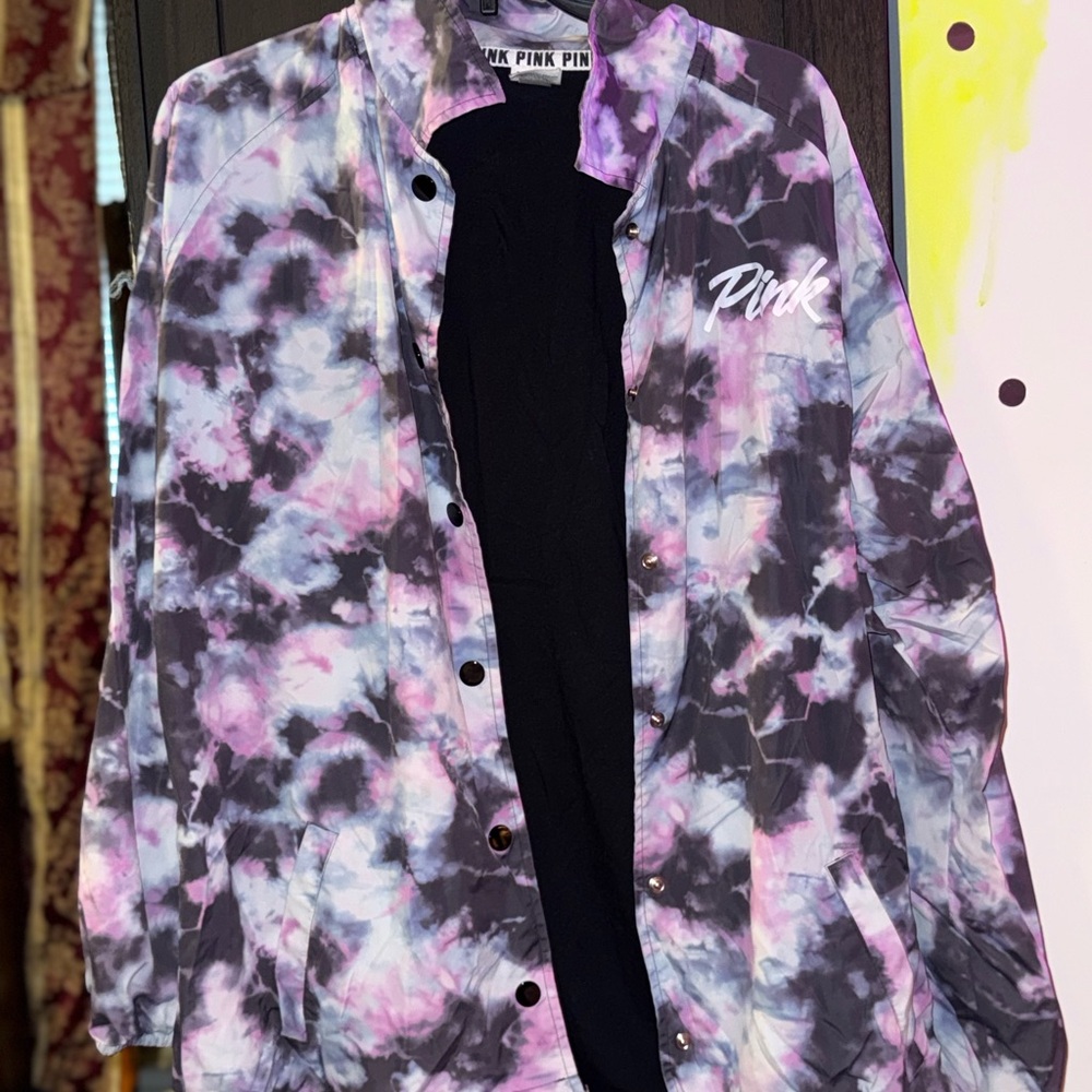 PINK Victoria's Secret Black and Purple Tie-Dye windbreaker SIZE M